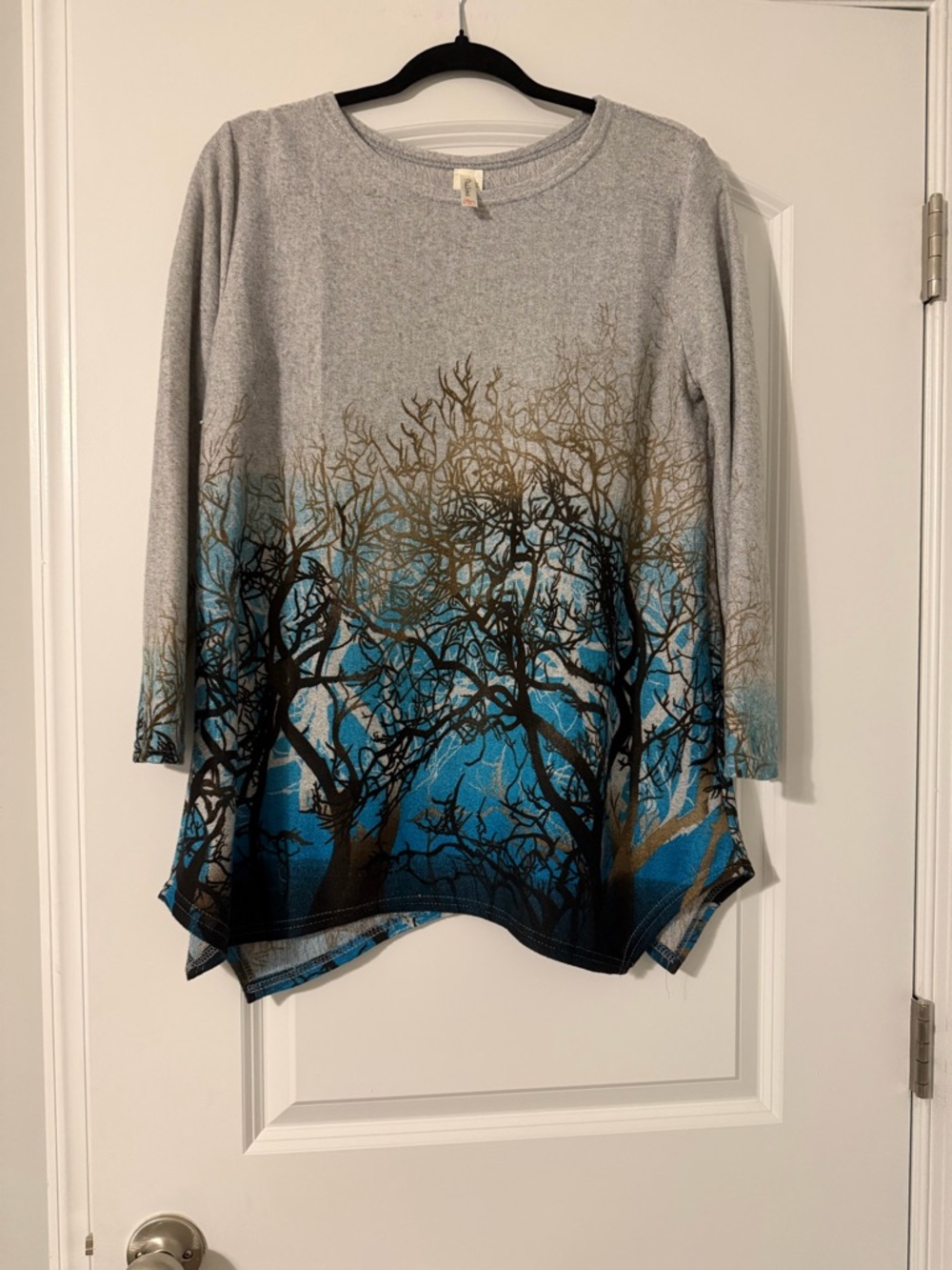Gray Tunic Top with Blue Tree Graphic